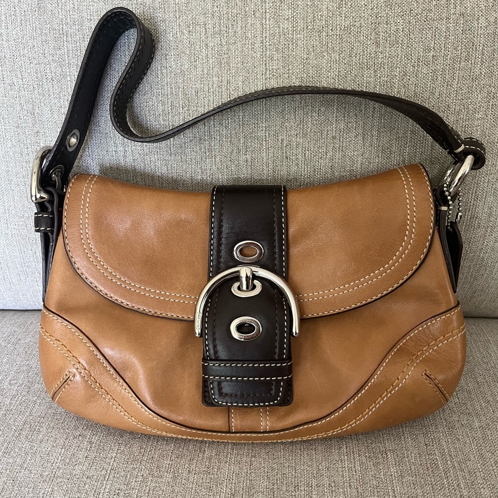 Coach should bag in tan and dark brown
